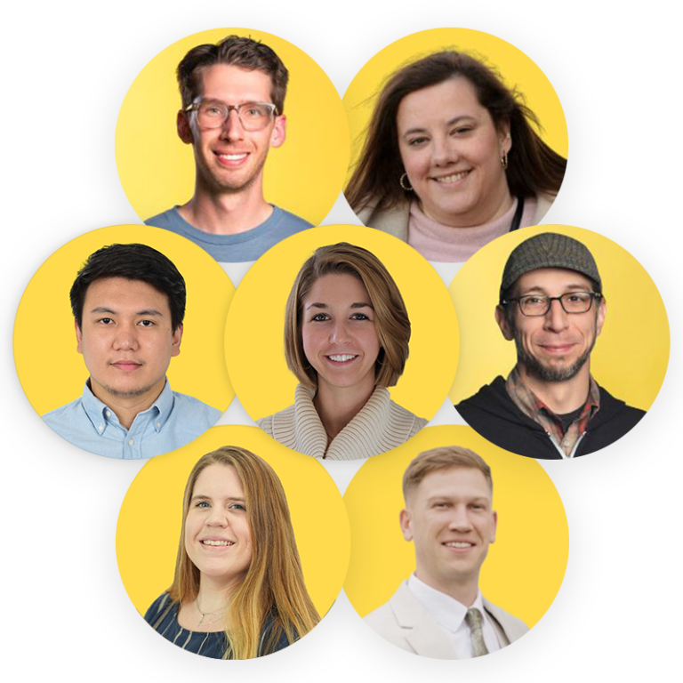 Team member headshots arranged in a hexagon