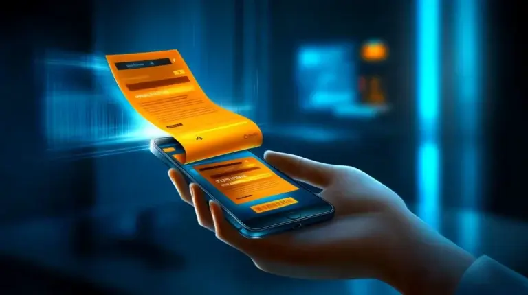 A hand is holding a phone while a receipt like paper is coming out of the phone representing an invoice