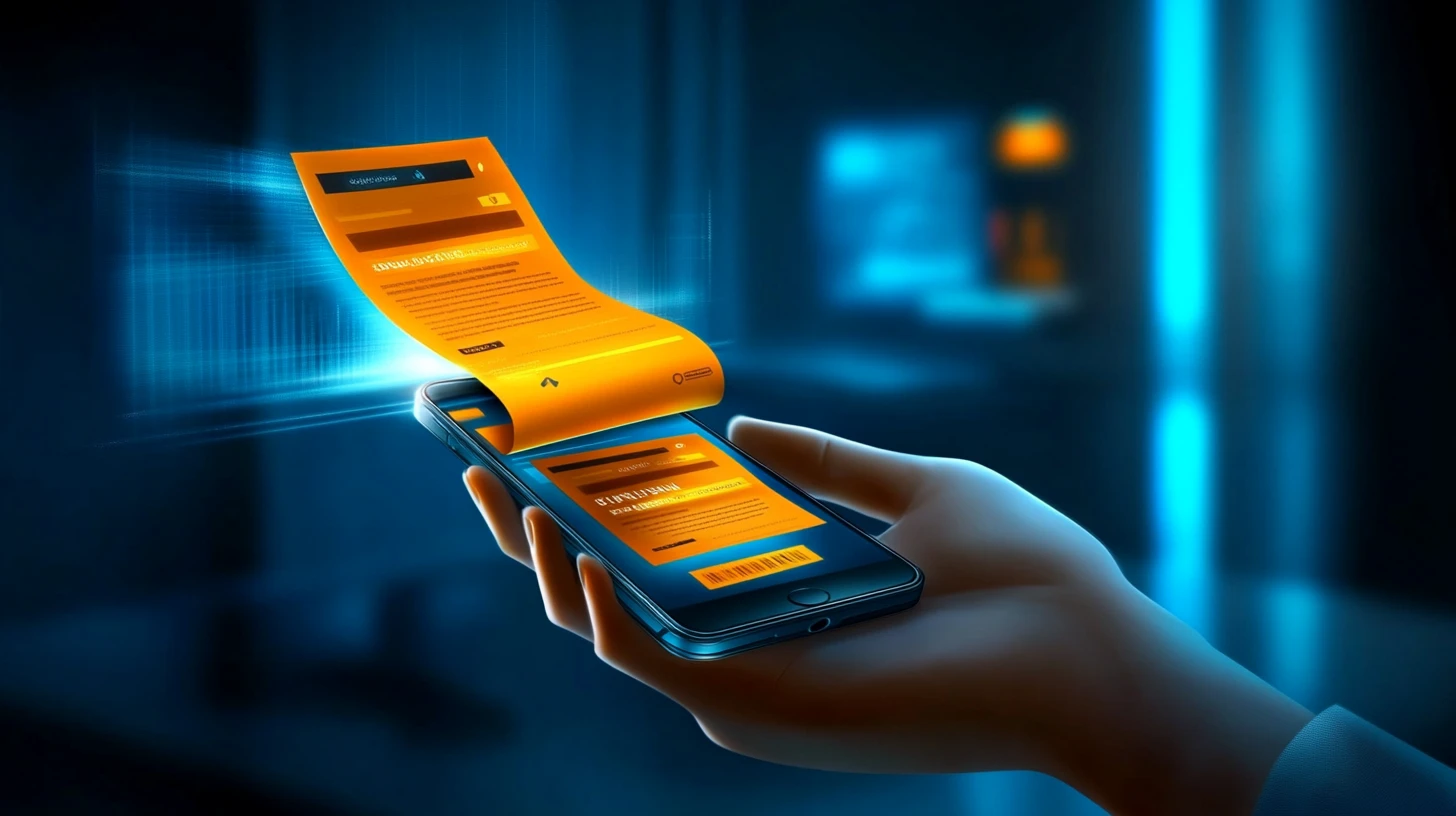 A hand is holding a phone while a receipt like paper is coming out of the phone representing an invoice