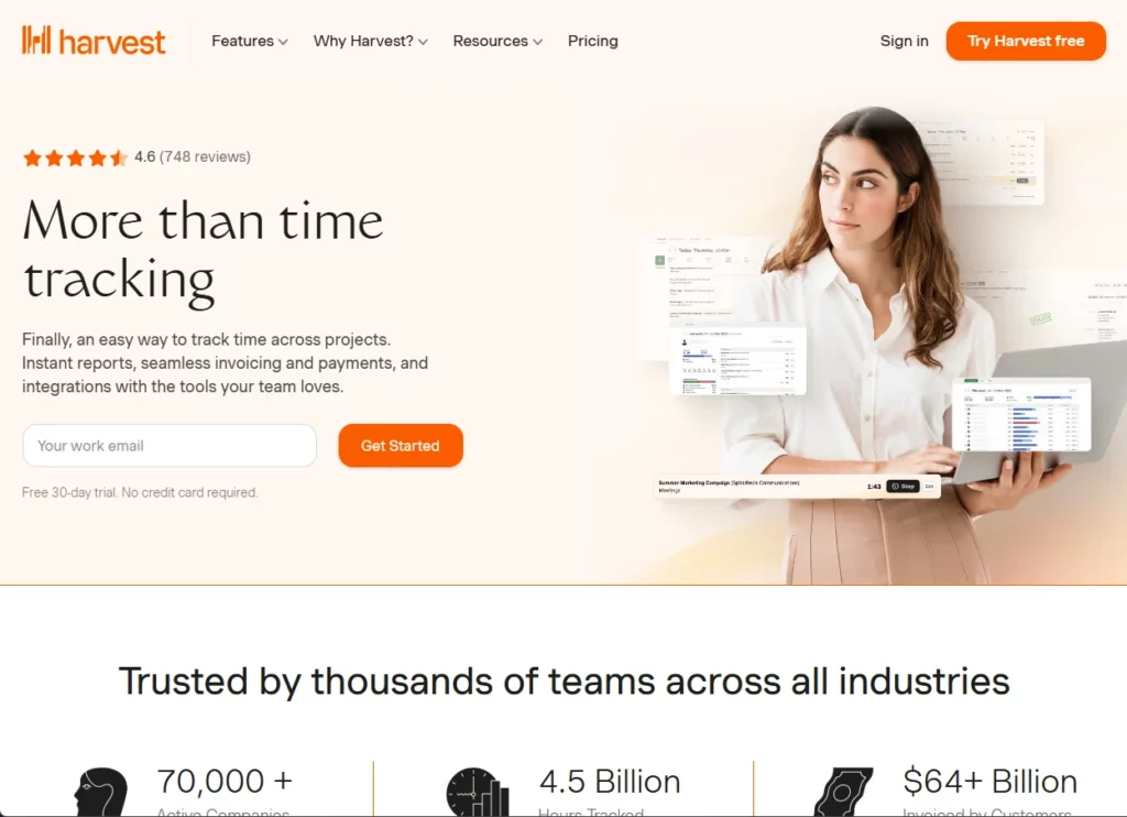 homepage of harvest invoice generator