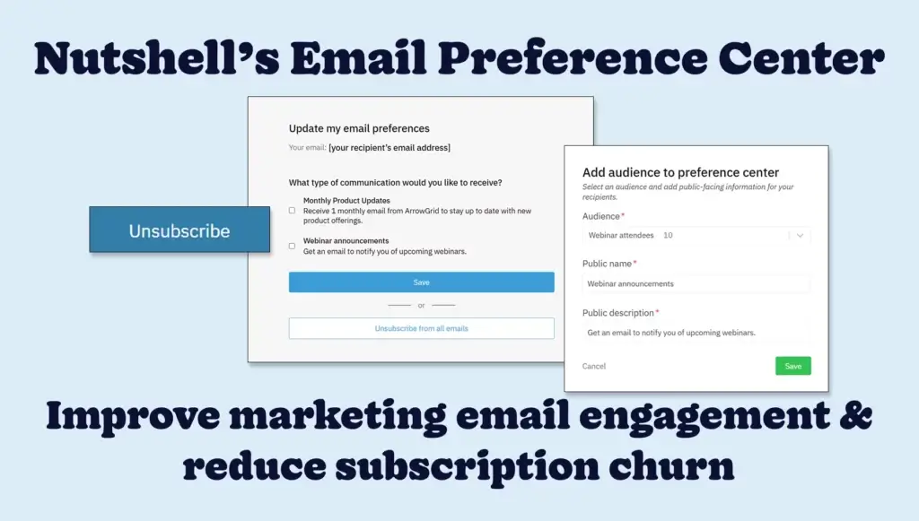 Nutshell Email Preference Center with tagline "Improve marketing email engagement & reduce subscription churn"