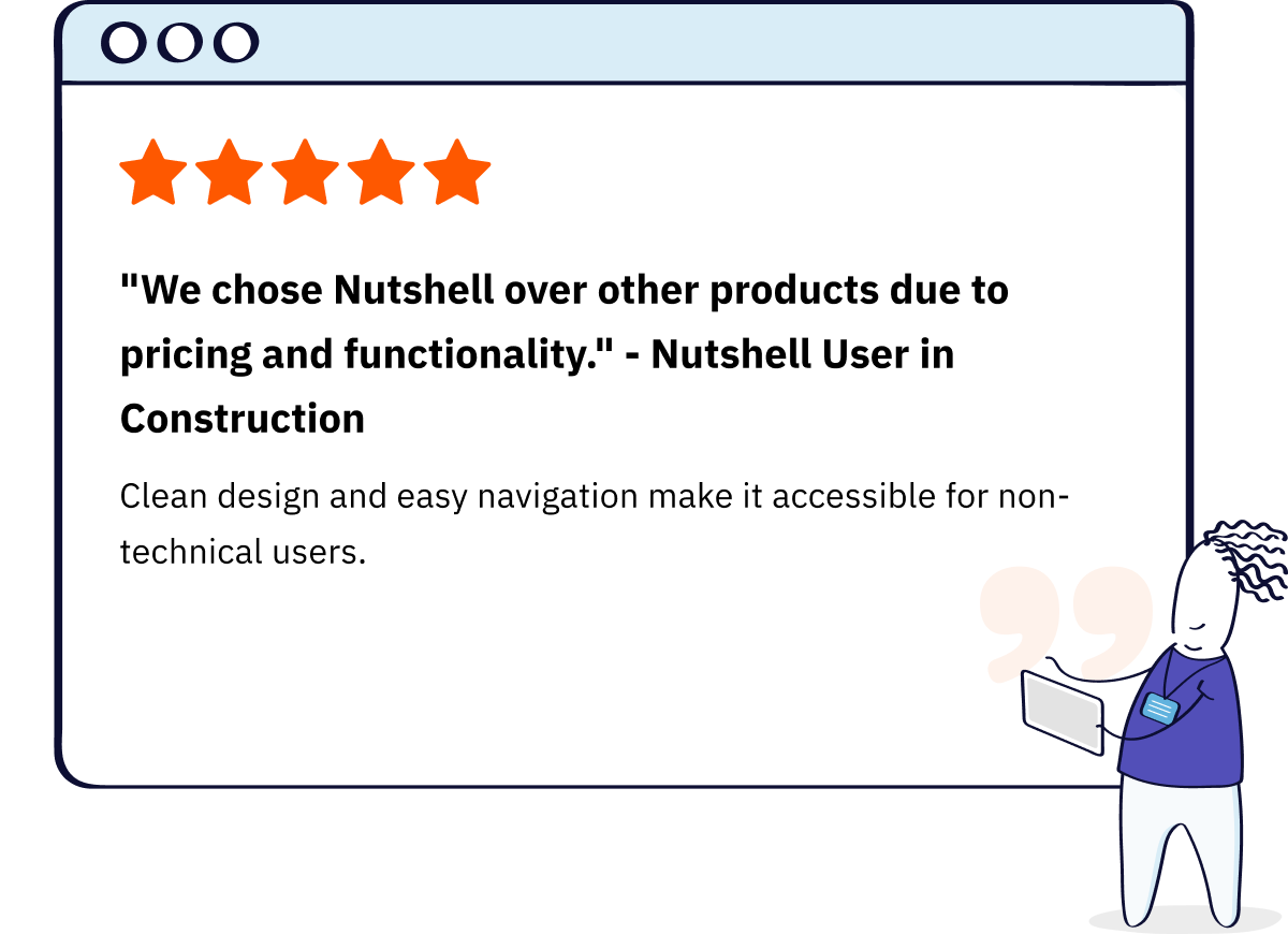 5 star review from a Nutshell user in the construction industry that says they chose Nutshell over other products due to pricing and functionality, indicating that the clean design and easy navigation make it accessible for non-technical users