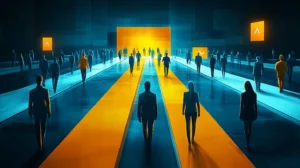 A group of people is walking on a straight road that splits into different roads at the end