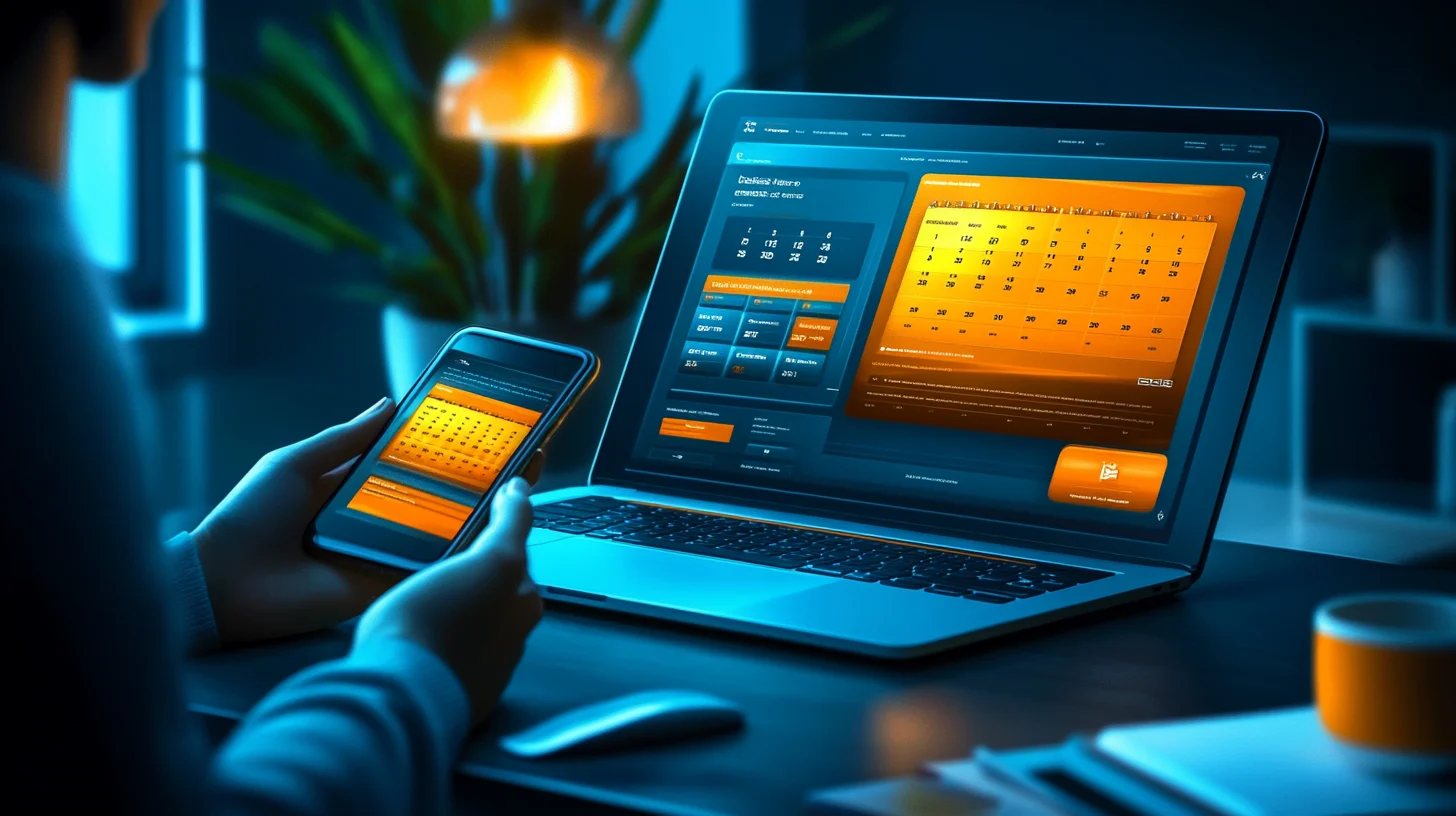 A person in front of a laptop is holding phone with both screens showing a calendar