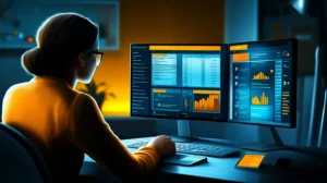 A person facing two screens, a CRM dashboard and a spreadsheet, and the person is leaning more into the spreadsheet