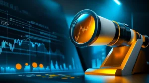 A close up look into a telescope showing a graph with the data trending upwards