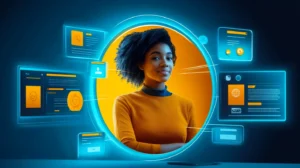 A person's profile is shown in the middle with broken lines pointing to different contact details, pointing to different symbols