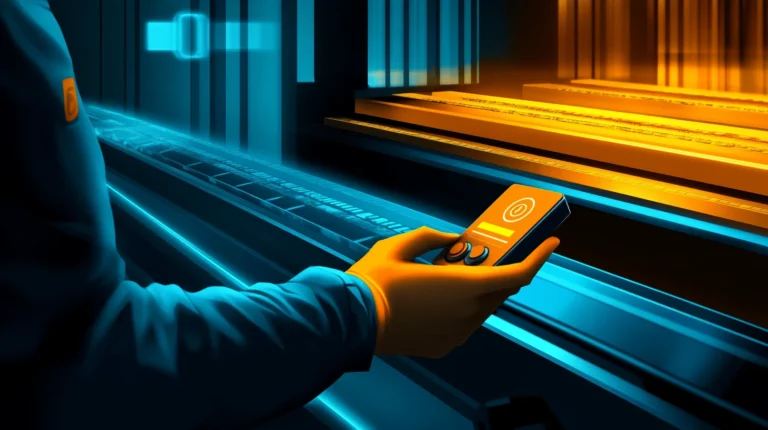 A hand is holding a remote with a push button and with a conveyor belt in front