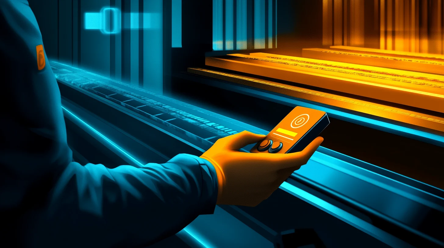 A hand is holding a remote with a push button and with a conveyor belt in front