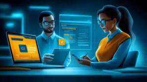 image showing two salespeople accessing a CRM on a laptop and smartphone