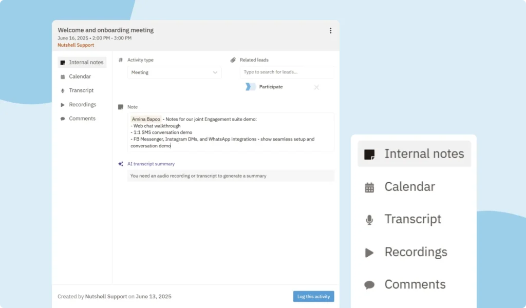 Logging and Reviewing a Sales Activity in Your CRM With Nutshell's Streamlined Activity Dialog