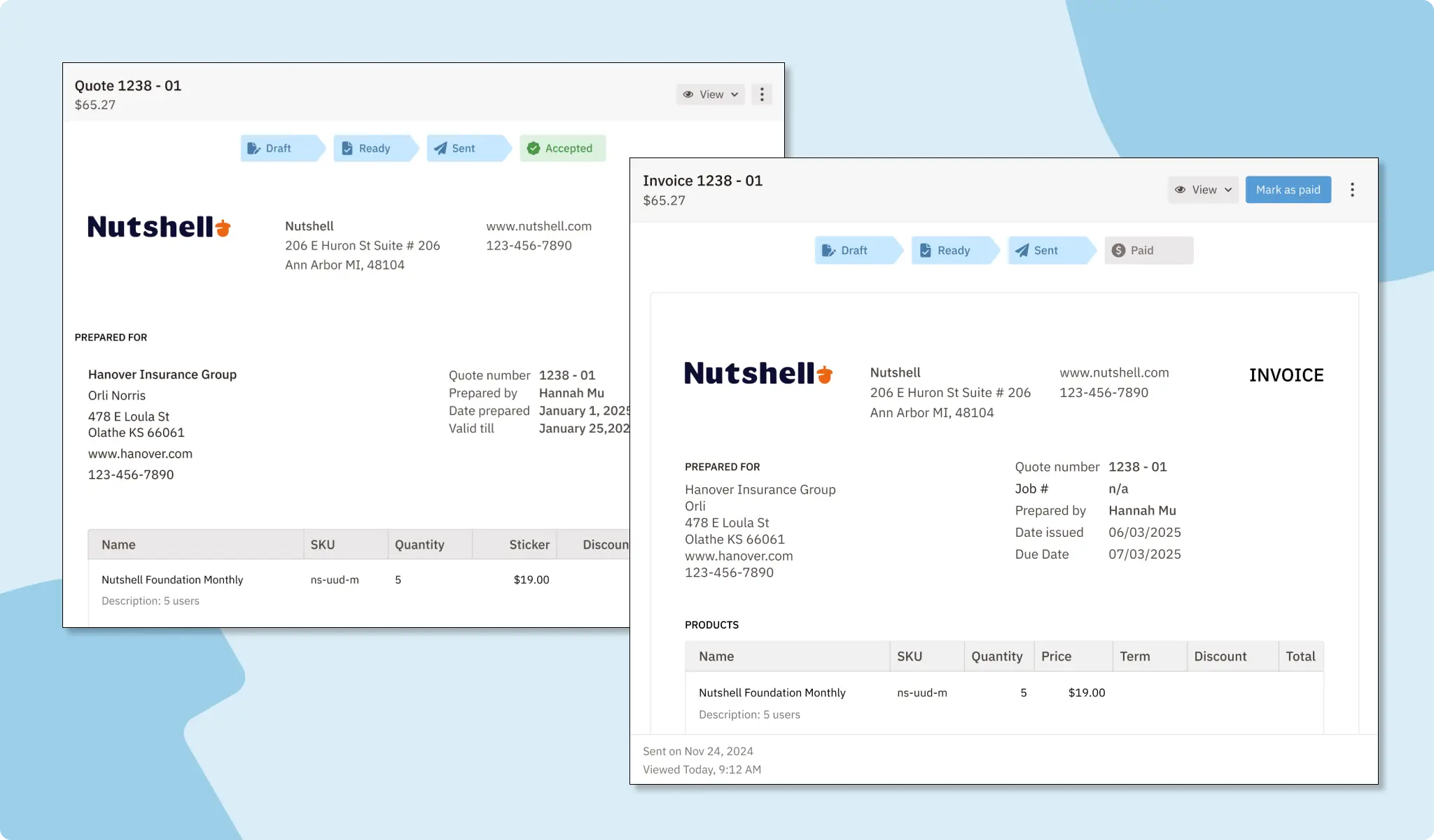 Nutshell Quotes and Invoices - CRM Quote and Invoice Examples