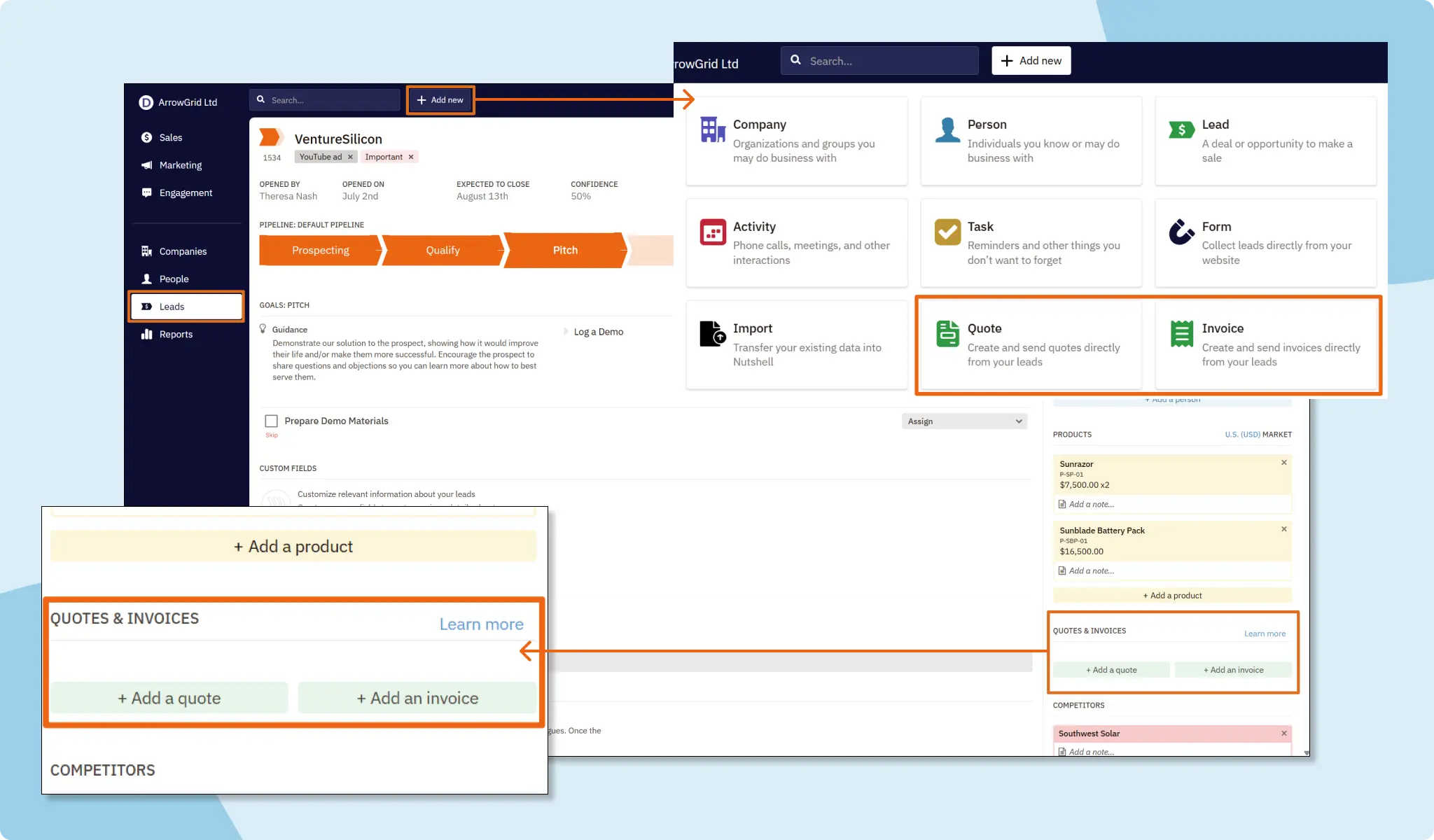 Nutshell Quotes and Invoices - Create a Quote or Invoice from a Lead page or the Add New nav