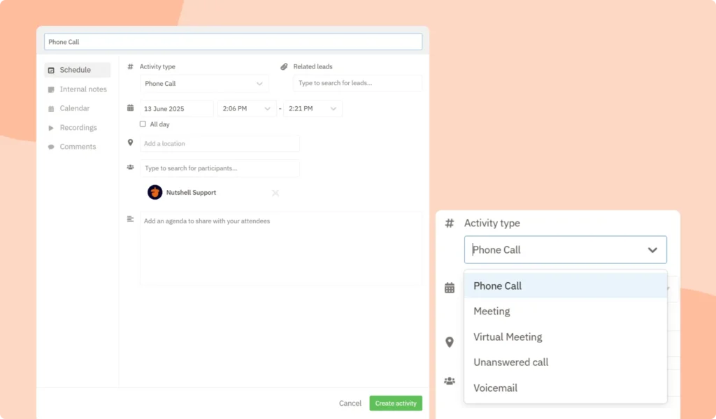 Scheduling a Sales Activity in Your CRM With Nutshell's Streamlined Activity Dialog