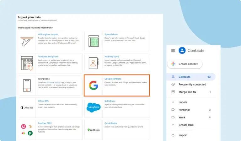 Nutshell's Google Contacts integration on the data import menu
