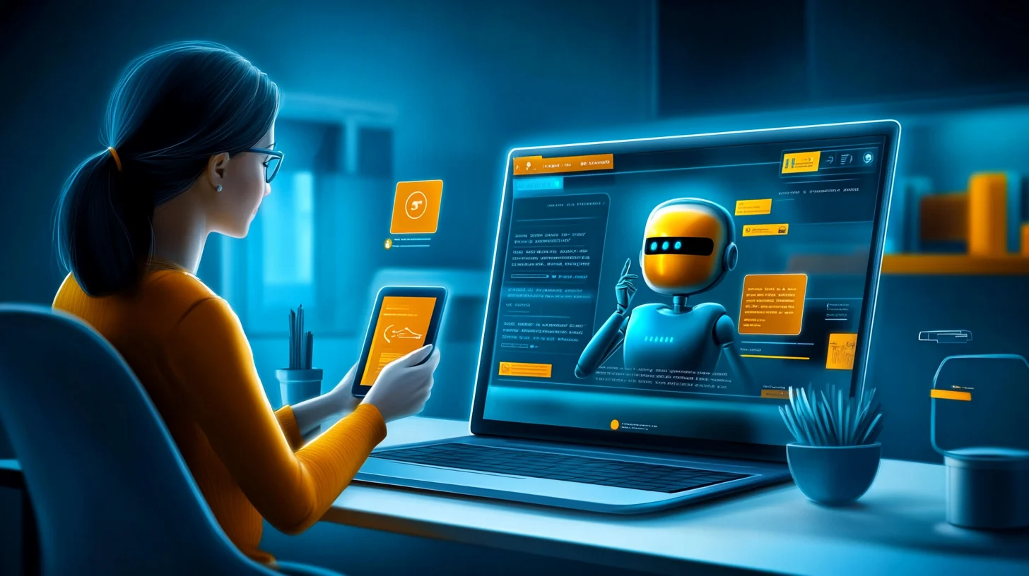 modern illustration of a website visitor chatting with an AI-powered chatbot on a laptop