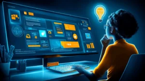 a person looking at a large screen with different icons representing CRM features