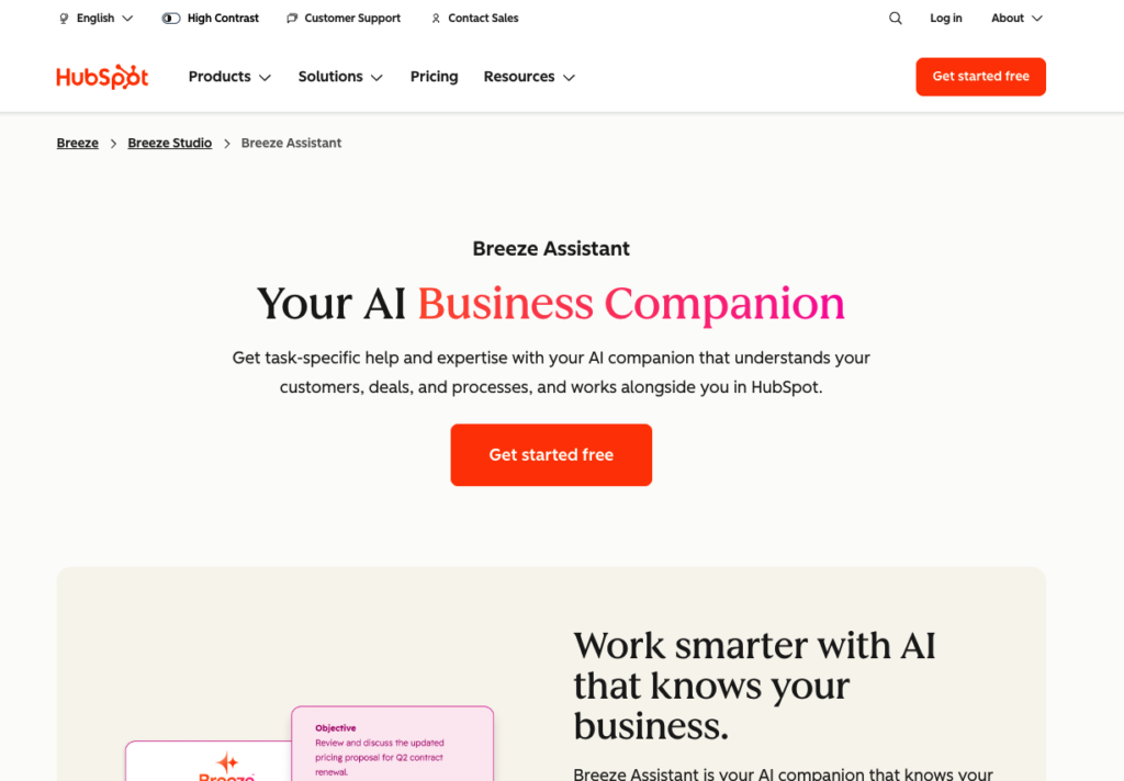 A screenshot of the main webpage for HubSpot's Breeze Assistant tool