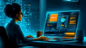 Customer at laptop with coffee mug chatting with with friendly AI avatar