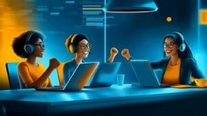 A group of 3 co-workers sitting around a table with laptops open, pumping their fists in the air because they've successfully onboarded to a new CRM.