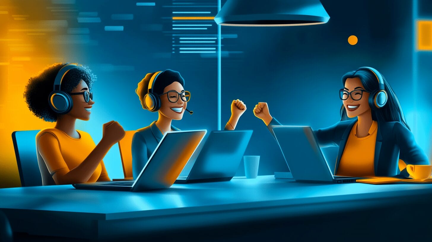 A group of 3 co-workers sitting around a table with laptops open, pumping their fists in the air because they've successfully onboarded to a new CRM.