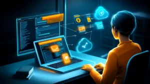 person at a laptop migrating data from the laptop into a new system, represented by a cloud containing graphics to represent CRM data