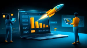 Two people interacting with a giant laptop that displays a bar graph showing increasing progress. A rocket ship takes off from the laptop.