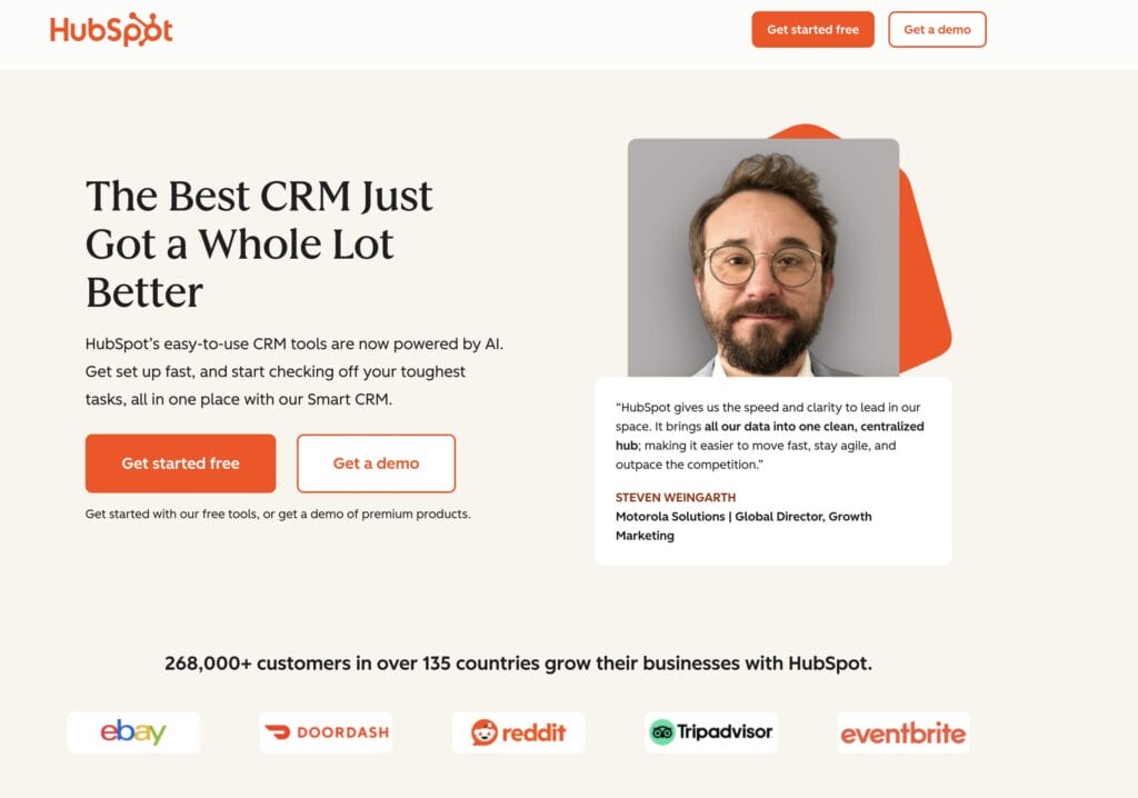 A screenshot of HubSpot's CRM page for the best CRM for sales comparison.