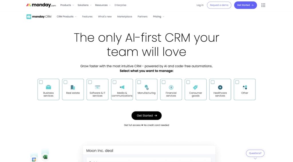 The Best CRM for Sales: The Monday.com CRM homepage.