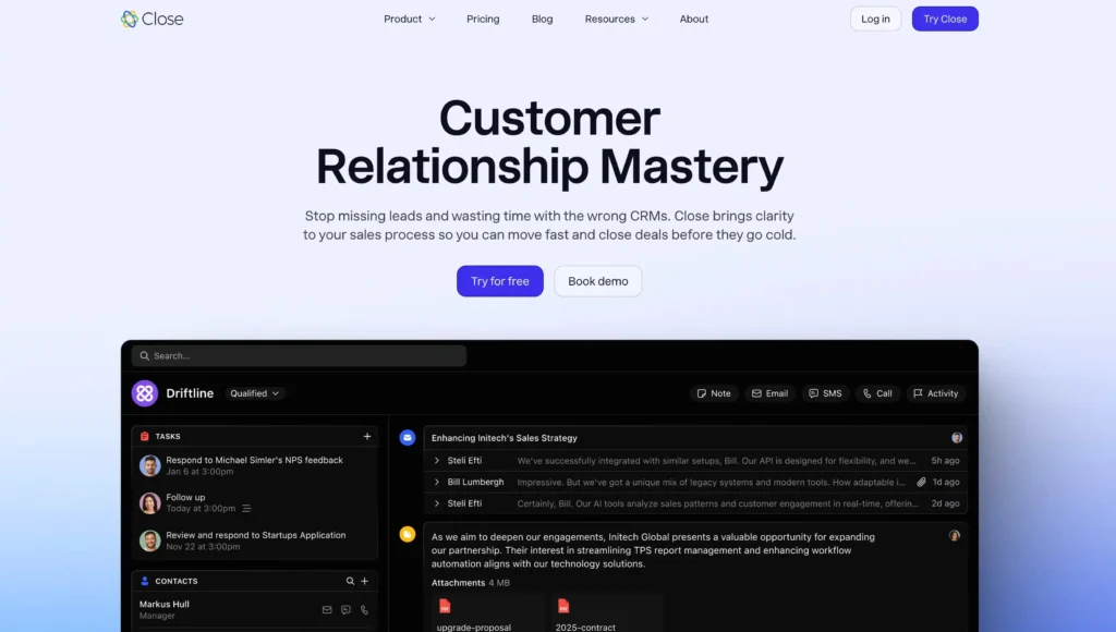 A screenshot of the Close CRM homepage for the comparison of the best CRM for sales.
