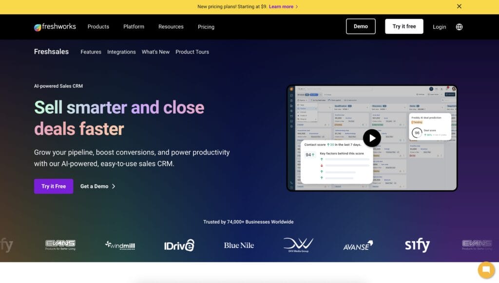 A screenshot of the Freshworks CRM homepage for the best CRM for sales comparison.