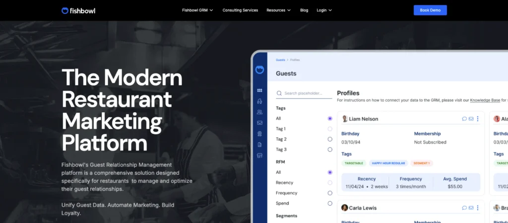 Homepage of Fishbowl, a CRM for restaurants
