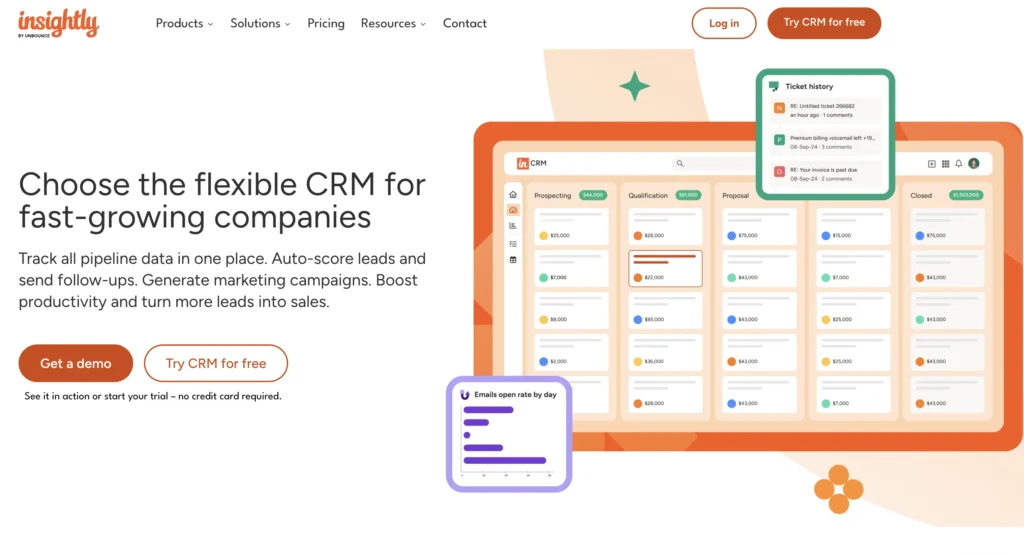 A screenshot of Insightly's homepage