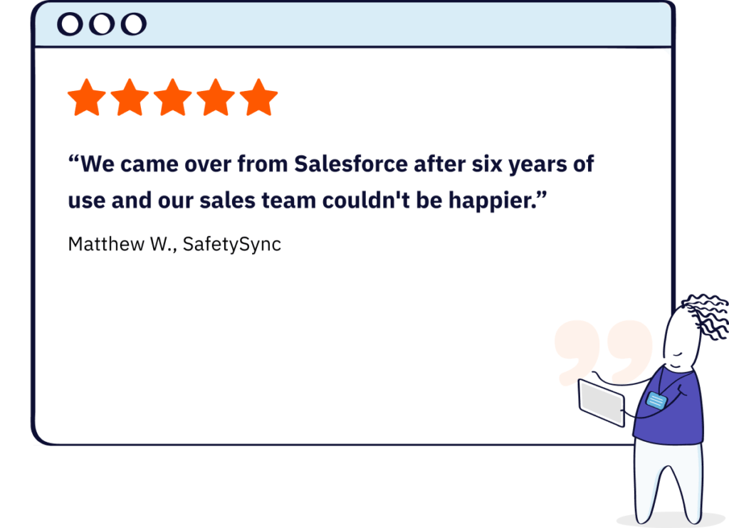 Review from a user who came over from Salesforce after 6 years of use. Their sales team couldn't be happier, Matthew W. at SafetySync says.