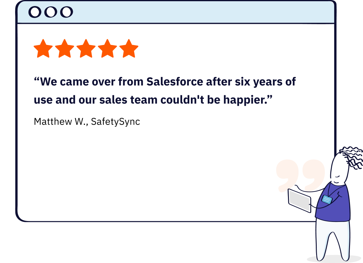 Review from a user who came over from Salesforce after 6 years of use. Their sales team couldn't be happier, Matthew W. at SafetySync says.