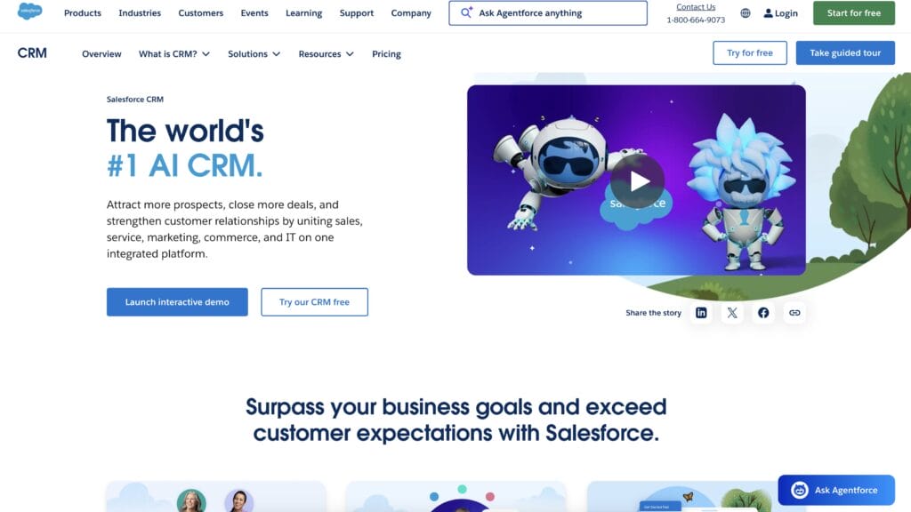 A screenshot of Salesforce's CRM homepage for the best CRM for sales comparison.