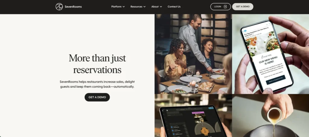 Homepage of SevenRooms, a CRM for restaurants