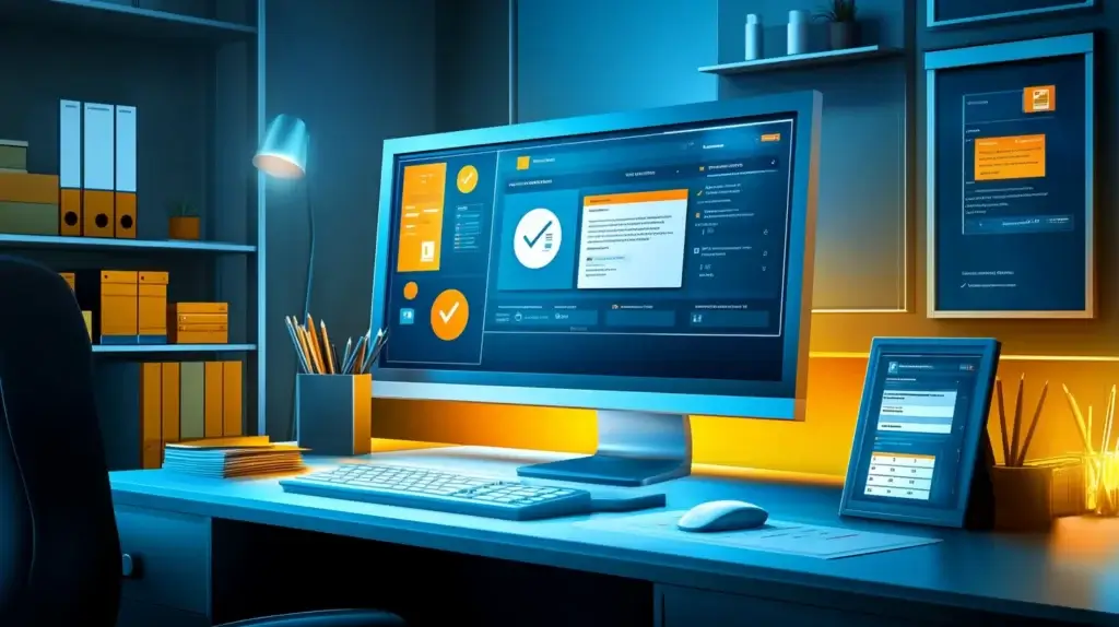 An organized desk with a CRM on the computer monitor