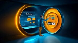 Illustration showing email marketing and CRM integration merging into a unified platform