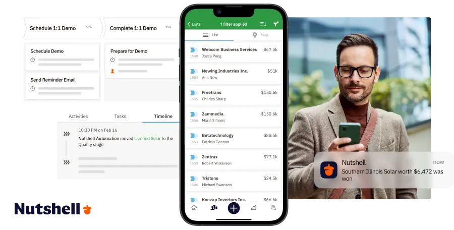 Nutshell mobile CRM app interface showing lead details, next-action guidance, and quick communication options for field sales teams