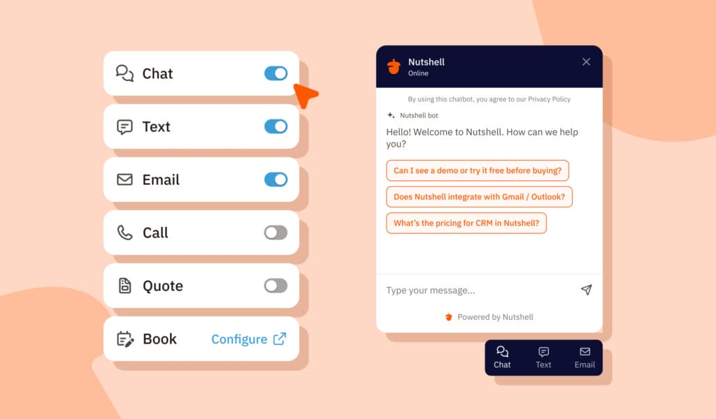 Composite image of the Nutshell Chat Engagement bar and smart nudges
