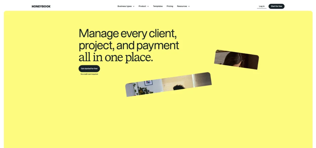 HoneyBook CRM homepage screenshot for the best CRM for coaches