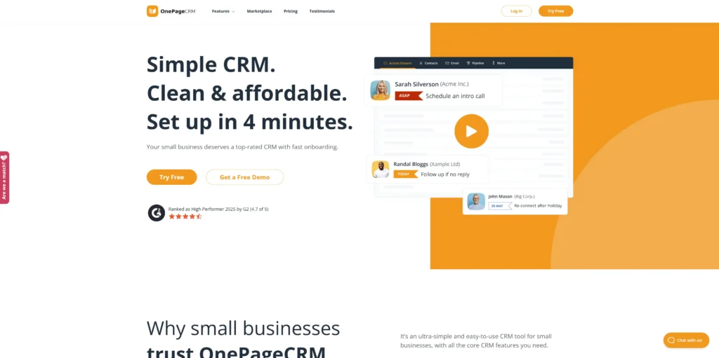 OnePageCRM homepage screenshot for the best crm for coaches