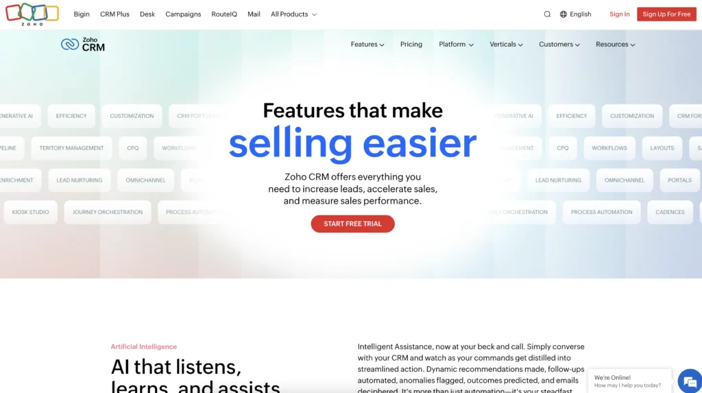 A screenshot of Zoho's CRM software landing page