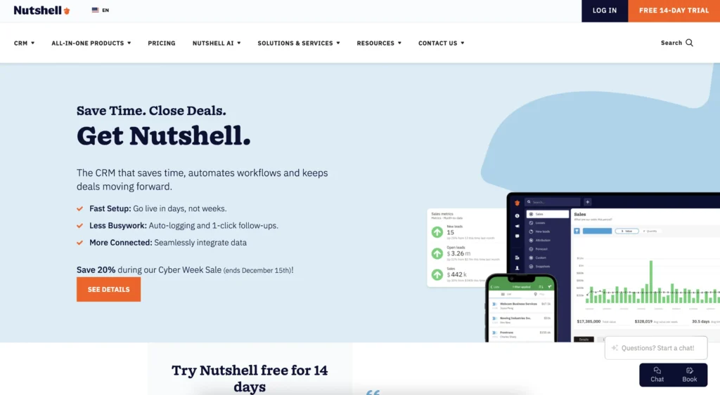 A screenshot of Nutshell's homepage