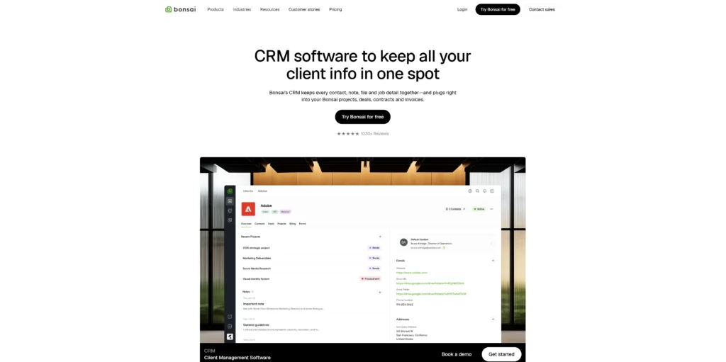 Bonsai CRM homepage screenshot for the best CRM for coaches