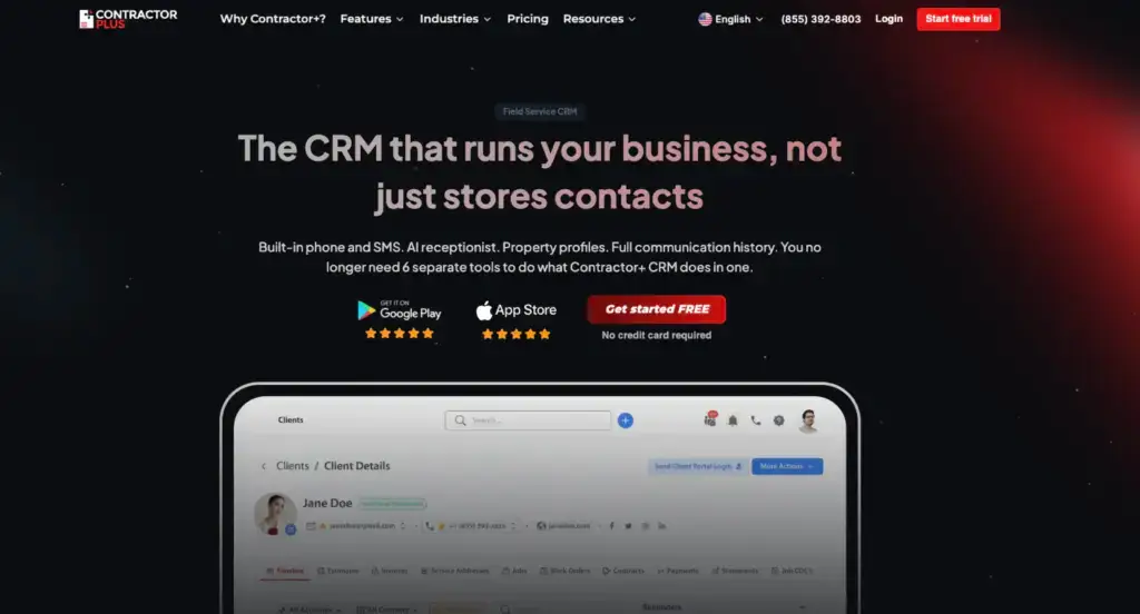 Homepage for Contractor+, a CRM for contractors