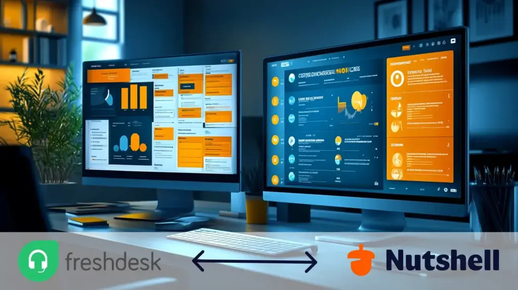 Two computer screens, one showing a customer support-style interface and the other showing a CRM-style interface, with Freshdesk and Nutshell logos below and a two-way arrow between the logos