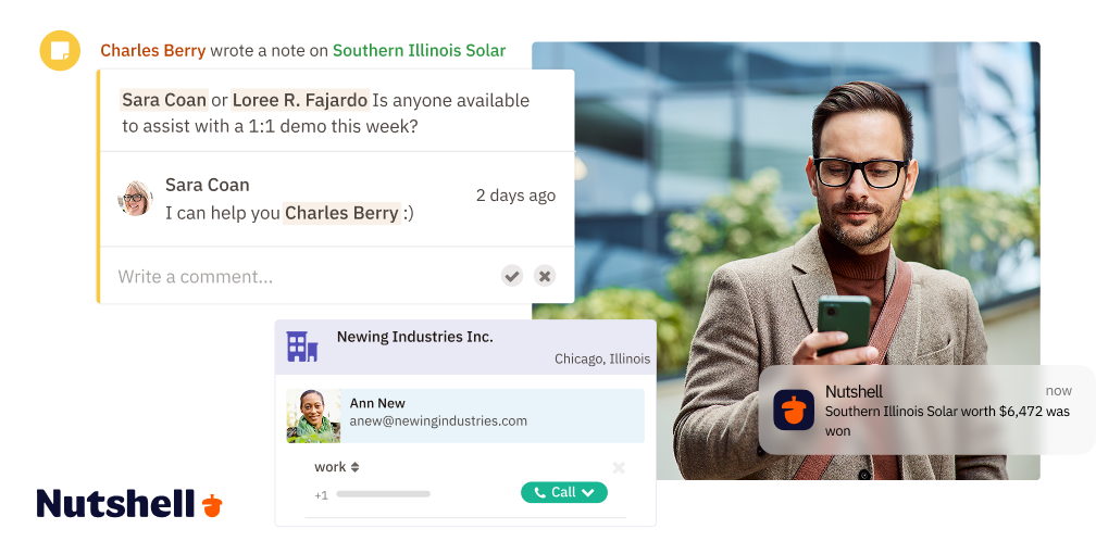 In-app screenshots showing Nutshell's mobile functionality