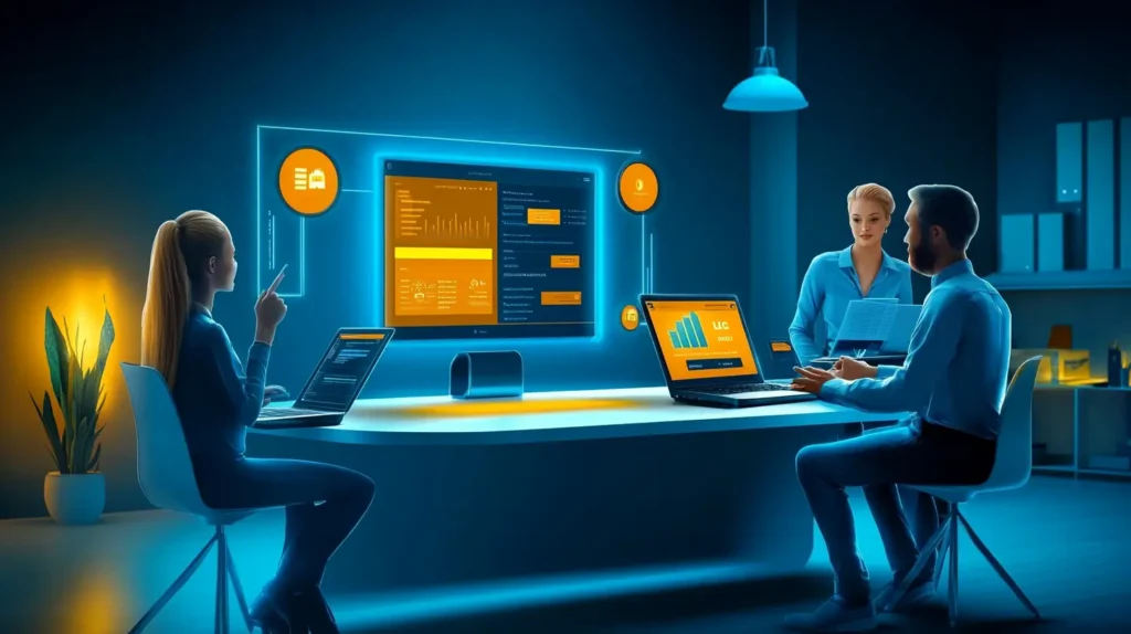 A diverse small business team collaborating around a laptop displaying a customer relationship management dashboard